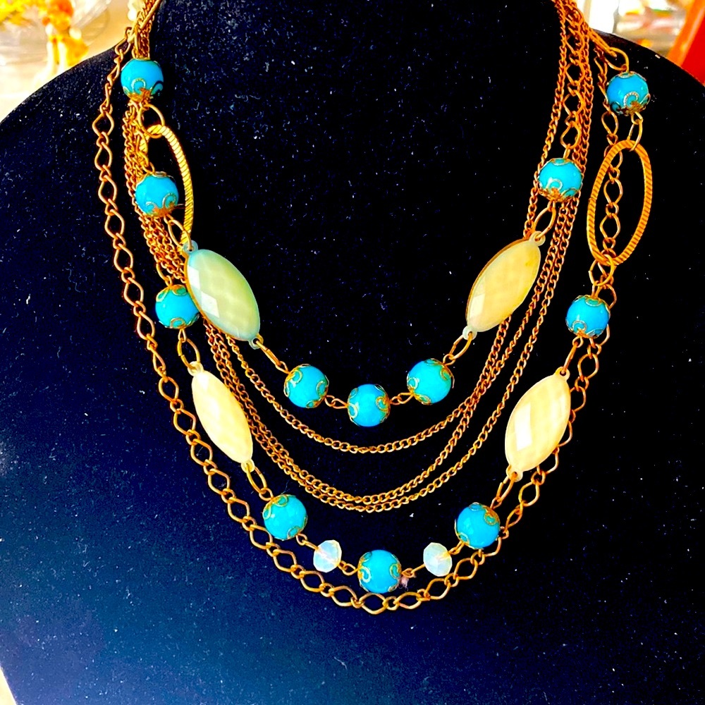 NWOT.  Multi strand blue, cream and iridescent statement necklace.